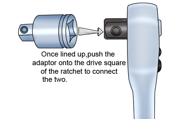 Connecting an adaptor to a ratchet. Once lined up push the adaptor onto the drive square of the ratchet to connect the two