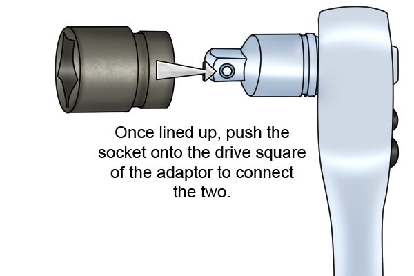 Connecting a socket to an adaptor. Once lined up push the socket onto the drive square of the adaptor to connect the two