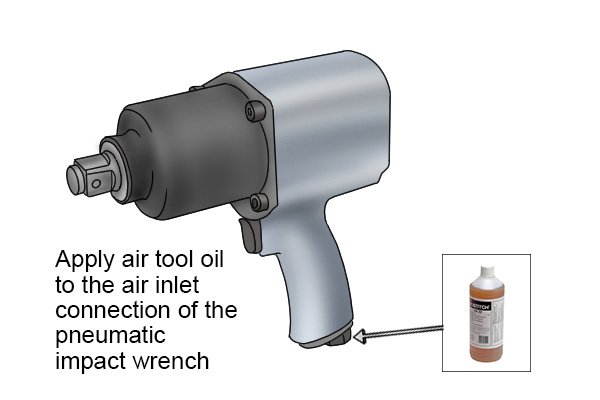 Apply air tool lubricating oil to the air inlet connector on the impact wrench to prevent wear to the internal bearings