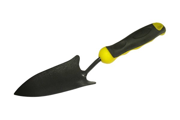 Transplanting garden trowel blade with a rubber handle
