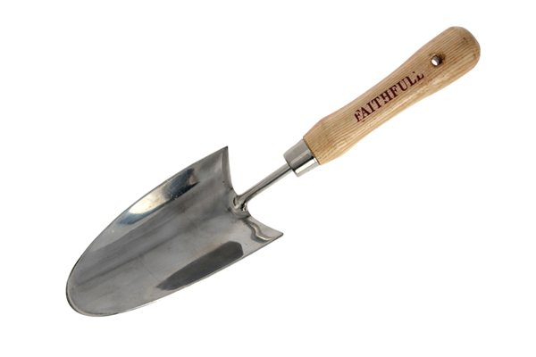 Wooden garden trowel handle with a traditional garden trowel blade