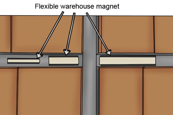 Three flexible warehouse magnets labelling products on shelves