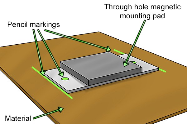 Pencil markings on a wooden board with a through hole magnetic mounting pad