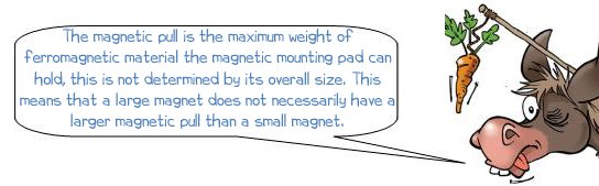 Wonkee Donkee says "The magnetic pull is the maximum weight of ferromagnetic material the magnetic mounting pad can hold, this is not determined by its overall size. This means that a large magnet does not necessarily have a larger magnetic pull than a small magnet"