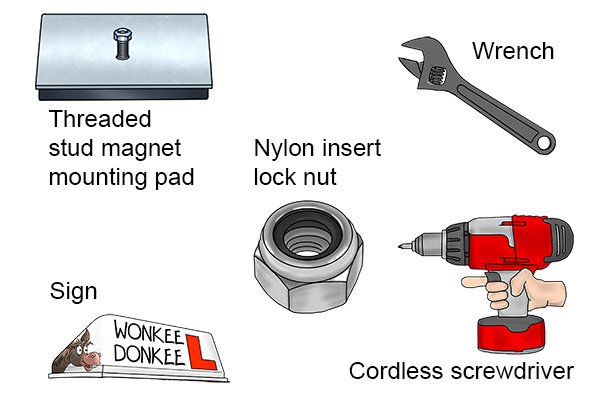 Things needed to attach a threaded stud magnetic mounting pad: nylon insert lock nut, screwdriver, wrench, sign, and threaded stud magnetic mounting pad