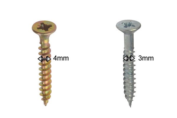 Two screws one with a gauge of 4mm, the other 3mm