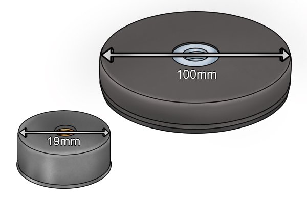 Diameter of shallow internal threaded pot magnet 19mm and 100mm