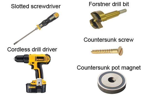 Countersunk pot magnet, countersunk screw, cordless drill driver, forstner drill bit