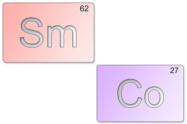 Samarium cobalt magnet elements: Samarium Sm, and cobalt Co