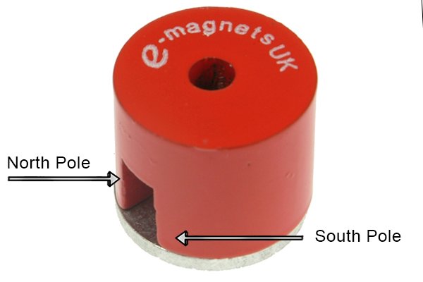 Red button horseshoe magnet with a keeper and labelled north and south pole