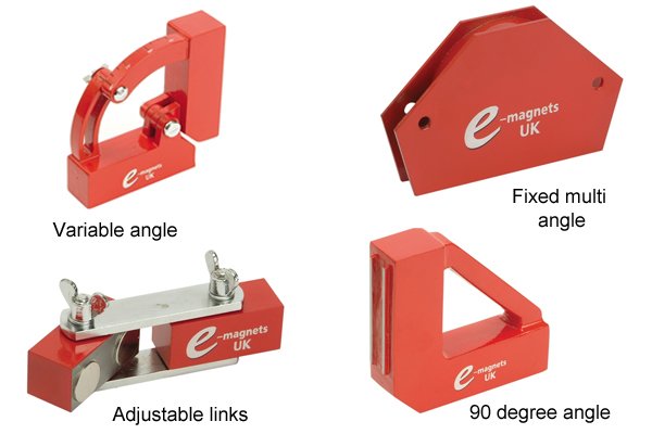 Types of weld clamp magnets: variable angle, 90 degree angle, adjustable links and fixed multi angle