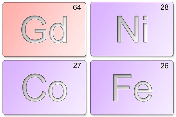 Ferromagnetic materials: gadolinium, iron, cobalt, and nickel