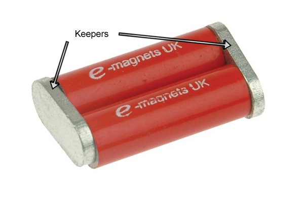 Keepers on two red cylinder bar magnets held together with a keeper