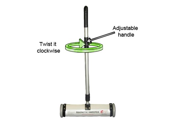 Adjusting handle length of a push magnetic sweeper, arrows showing it turning clockwise