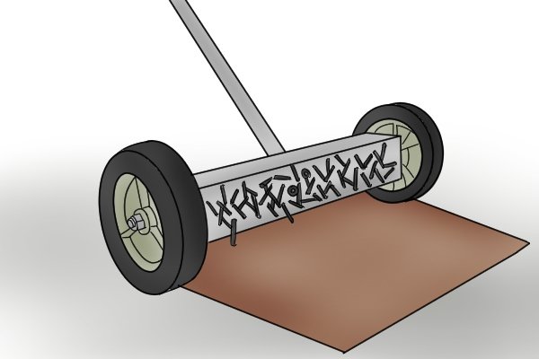 standard push magnetic sweeper sideways on a piece of cardboard with ferromagnetic material stuck to the magnet