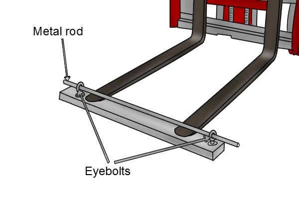 Metal rod through the eye bolts on a forklift magnetic sweeper