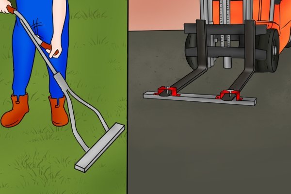 Push magnetic sweeper being used on grass and a forklift magnetic sweeper used on a car park