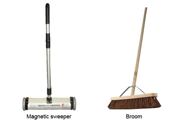 standard push magnetic sweeper and a wooden broom