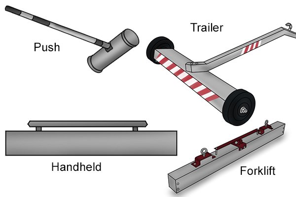 Types of magnetic sweeper: handheld, forklift, towable, and push