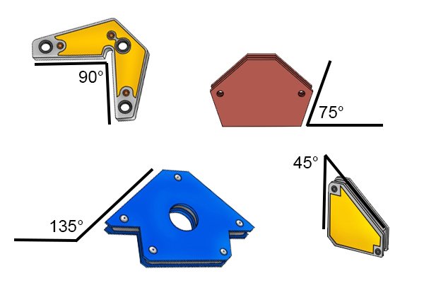 Fixed multi angle weld clamp magnets and the angles they create. 45, 75 90 and 135 degrees