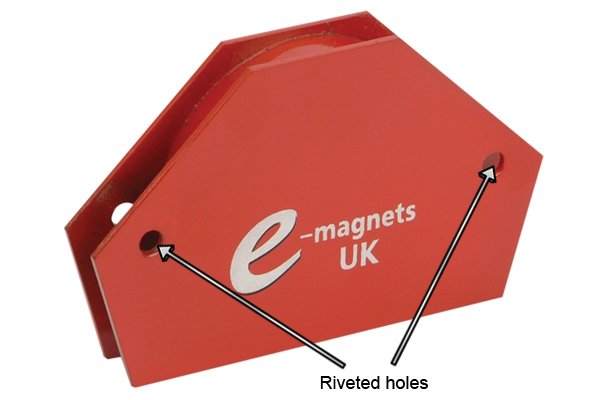 Two riveted Holes on a red six sided fixed multi angle weld clamp magnet