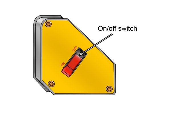 On/off switch on a yellow magnetic square fixed multi angle weld clamp magnet