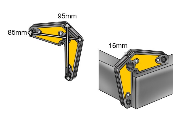 size of a corner fixed multi angle weld clamp magnet with picture of the depth. 85 x 95 x 16mm