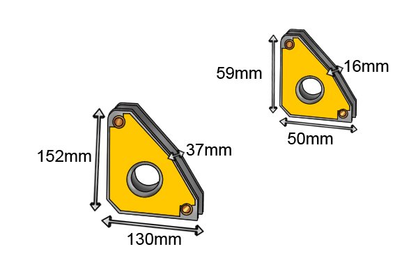 Two yellow magnetic square fixed multi angle weld clamp magnets measuring 59x50x16mm and 152x130x37mm