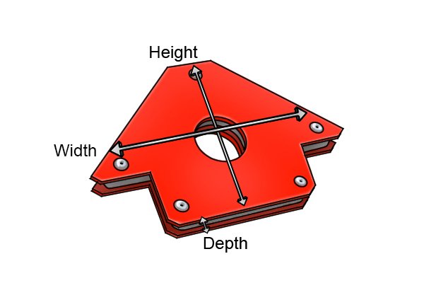 red arrow fixed multi angle weld clamp magnet with labelled height, width, depth 
