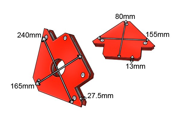 sizes of two red arrow fixed multi angle weld clamp magnets: 155 x 80 x 13mm and 240 x 165 x 27.5mm