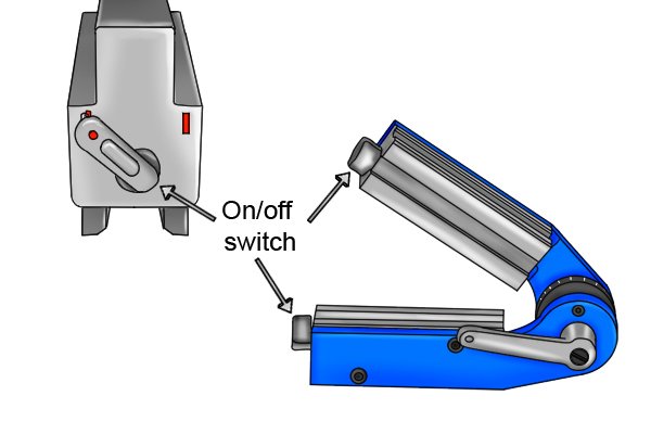 On off switch on a variable angle weld clamp magnet with a close up view of the switch