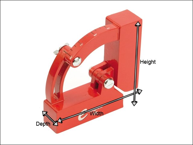 red variable angle weld clamp magnet with labelled length, height and width 