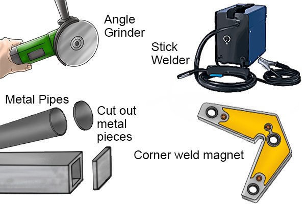 angle grinder, cut out pieces of metal, round or square metal pipe, stick welding machine and an adjustable links magnet