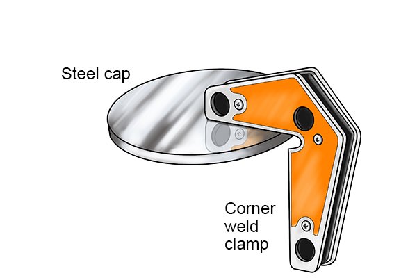 corner weld clamp magnet holding a steel cap on one of its sides