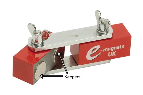 Two labelled keepers on a red adjustable links weld clamp magnet 