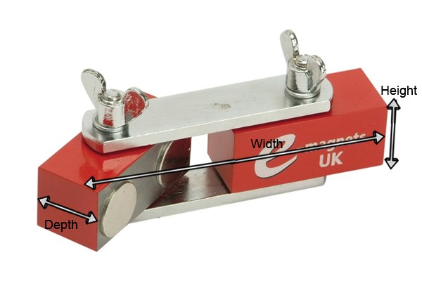 red adjustable links weld clamp magnet with labelled height, depth and width