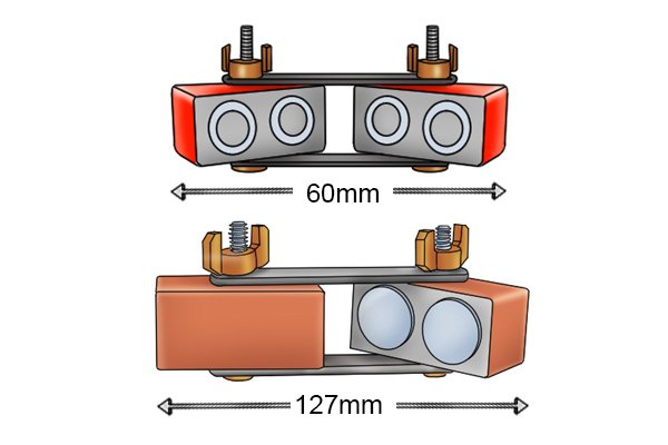 Width of two adjustable links weld clamp magnets, 60mm and 127mm
