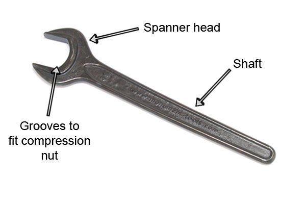 Parts of a single ended compression fitting spanner;shaft, spanner head, Jaws to fit compression nut