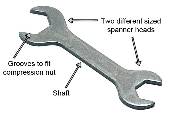 Double ended spanner parts; two spanner heads, shaft, jaws to fit compression nut