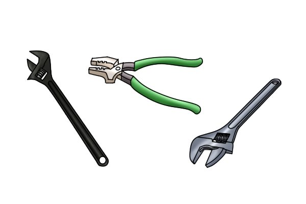 pliers, wrench and adjustable spanner