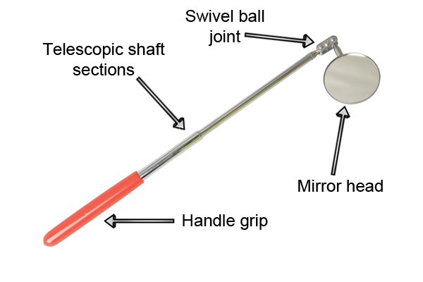 Parts of a telescopic inspection mirror; mirror head, swivel ball joint, telescopic shaft sections, handle grip