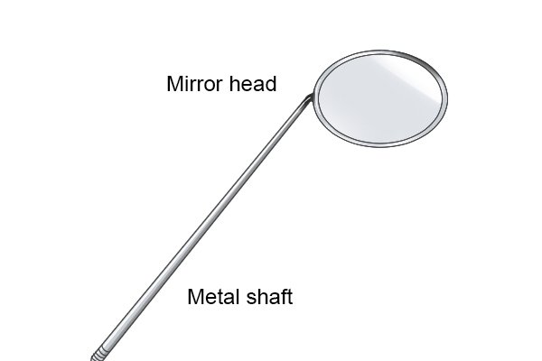 Parts of an un-extendable inspection mirror; mirror head and metal shaft