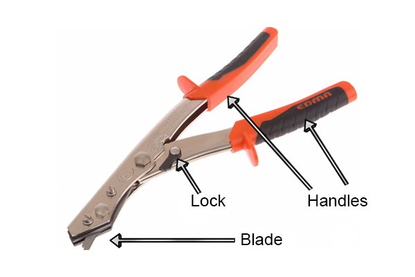Parts of nibbler shears; handles, lock and blade used to cut through sheet metal