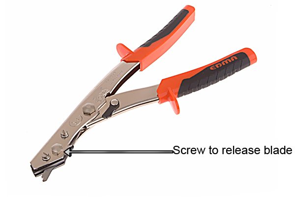 Labelled screw to release the blade of nibbler shears when the blade becomes dull and needs to be released