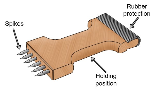 Parts of a spiked web stretcher used to stretch out upholstery webbing; spikes, holding position, rubber protection