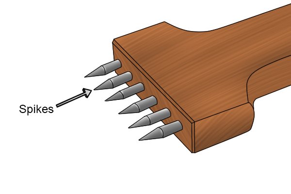 Parts of a spiked web stretcher; spikes. The spikes of the web stretcher grip the webbing by pushing holes through it so it can then be pulled tight.