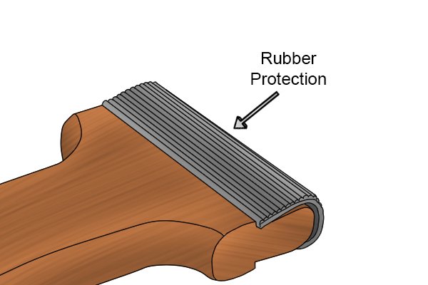 Parts of a spiked web stretcher; rubber protection. The rubber protection protects the wood when stretching and stop the web stretcher slipping during stretching.