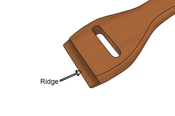 Parts of a slotted web stretcher; ridge. The ridge slits against the wood or side of the object that is being upholstered to stop the web stretcher slipping whilst pulling the webbing.