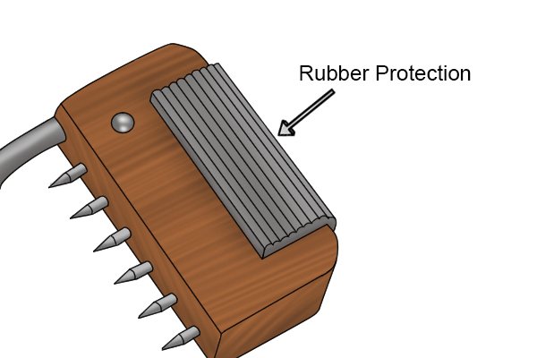Rubber protection on the head of a gooseneck web stretcher to protect wood when web stretching