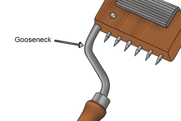 Parts of a gooseneck web stretcher; gooseneck. the connector between the handle and the head is almost shaped like a gooseneck and gives the tool leverage to pull the webbing tight